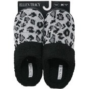 Wholesale - S-XL WOMEN GREY/LEO ANIMAL KNIT SLIPPER W/SHERPA COLLAR ELLEN TRACY C/P 18